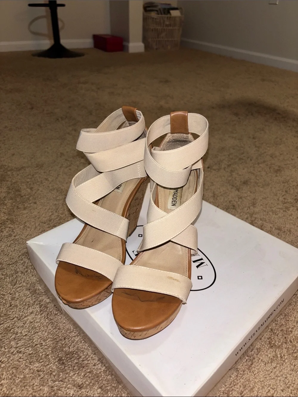 Steve Madden Beige Elastic Strappy Cork Wedges